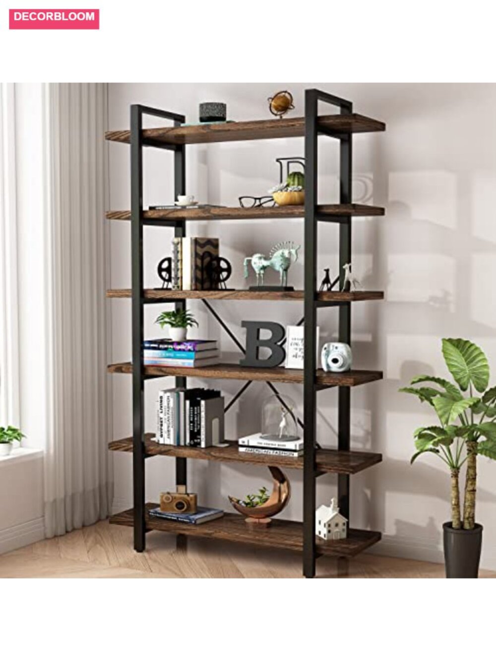 Solid Wood Bookcase 6 Tier Metal Shelving Unit Rustic Etagere Bookshelf